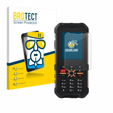 Parte frontale di una confezione del prodotto con il logo del marchio BROTECT. Accanto è raffigurato il dispositivo RugGear RG