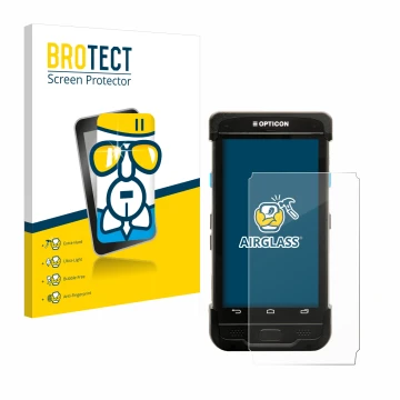 Parte frontale di una confezione del prodotto con il logo del marchio BROTECT. Accanto è raffigurato il dispositivo Opticon H-