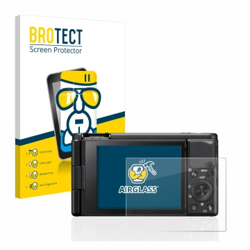 Parte frontale di una confezione del prodotto con il logo del marchio BROTECT. Accanto è raffigurato il dispositivo Sony ZV-1 