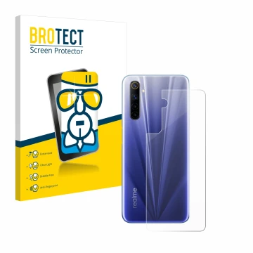 Parte frontale di una confezione del prodotto con il logo del marchio BROTECT. Accanto è raffigurato il dispositivo realme 6 (