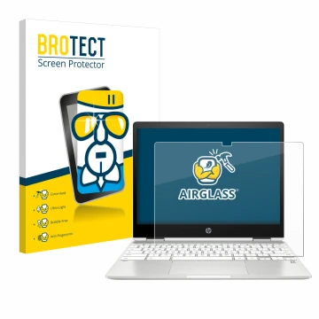 Parte frontale di una confezione del prodotto con il logo del marchio BROTECT. Accanto è raffigurato il dispositivo HP Chromeb