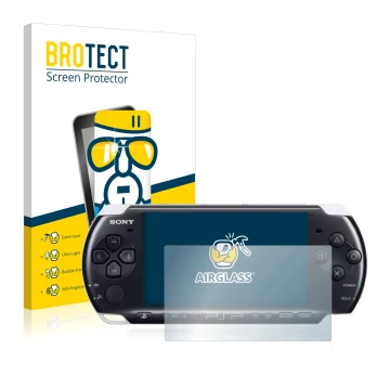 Parte frontale di una confezione del prodotto con il logo del marchio BROTECT. Accanto è raffigurato il dispositivo Sony PSP 3