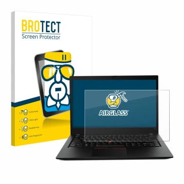 Parte frontale di una confezione del prodotto con il logo del marchio BROTECT. Accanto è raffigurato il dispositivo Lenovo Thi