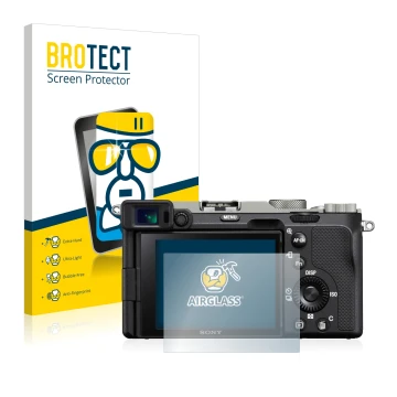 Parte frontale di una confezione del prodotto con il logo del marchio BROTECT. Accanto è raffigurato il dispositivo Sony Alpha