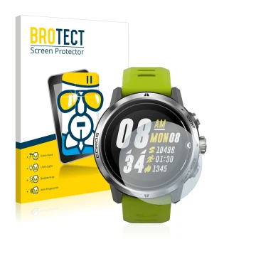 Parte frontale di una confezione del prodotto con il logo del marchio BROTECT. Accanto è raffigurato il dispositivo Coros Apex