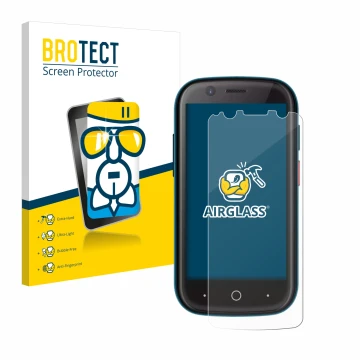 Parte frontale di una confezione del prodotto con il logo del marchio BROTECT. Accanto è raffigurato il dispositivo Unihertz J