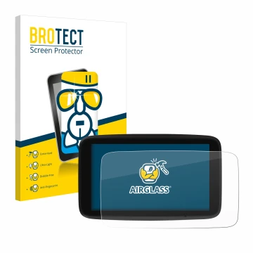 Parte frontale di una confezione del prodotto con il logo del marchio BROTECT. Accanto è raffigurato il dispositivo TomTom GO 