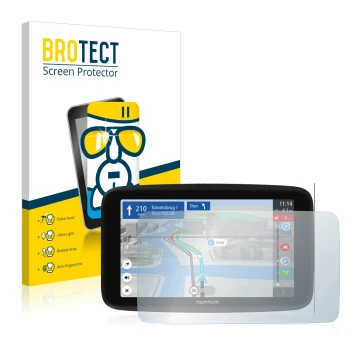 Parte frontale di una confezione del prodotto con il logo del marchio BROTECT. Accanto è raffigurato il dispositivo TomTom GO 