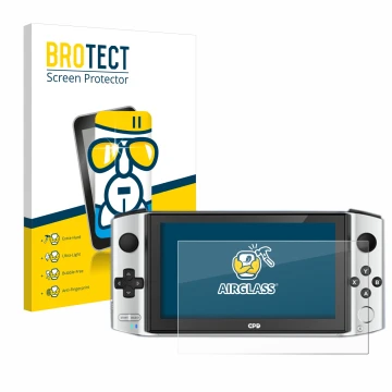 Parte frontale di una confezione del prodotto con il logo del marchio BROTECT. Accanto è raffigurato il dispositivo GPD Win 3 