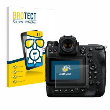 Parte frontale di una confezione del prodotto con il logo del marchio BROTECT. Accanto è raffigurato il dispositivo Nikon Z 9 