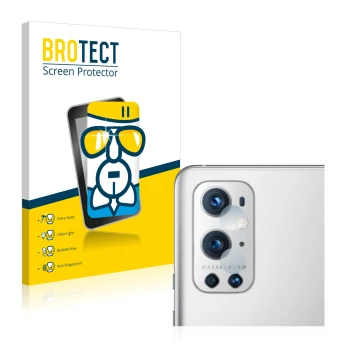 Parte frontale di una confezione del prodotto con il logo del marchio BROTECT. Accanto è raffigurato il dispositivo OnePlus 9 