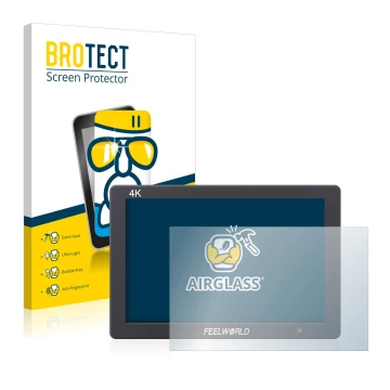 Parte frontale di una confezione del prodotto con il logo del marchio BROTECT. Accanto è raffigurato il dispositivo Feelworld 