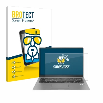 Parte frontale di una confezione del prodotto con il logo del marchio BROTECT. Accanto è raffigurato il dispositivo LG gram 17