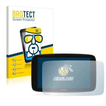 Parte frontale di una confezione del prodotto con il logo del marchio BROTECT. Accanto è raffigurato il dispositivo TomTom Go 