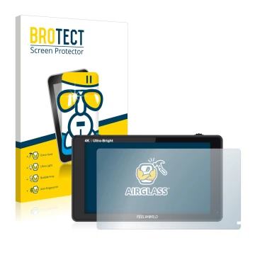 Parte frontale di una confezione del prodotto con il logo del marchio BROTECT. Accanto è raffigurato il dispositivo Feelworld 