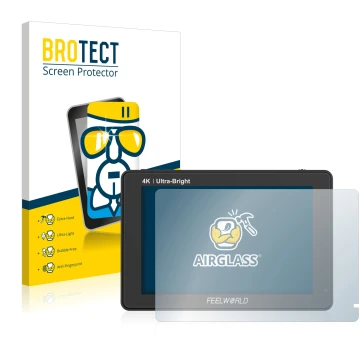 Parte frontale di una confezione del prodotto con il logo del marchio BROTECT. Accanto è raffigurato il dispositivo Feelworld 
