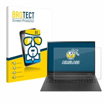 Parte frontale di una confezione del prodotto con il logo del marchio BROTECT. Accanto è raffigurato il dispositivo LG gram 16