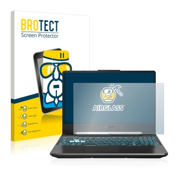 Parte frontale di una confezione del prodotto con il logo del marchio BROTECT. Accanto è raffigurato il dispositivo ASUS TUF G