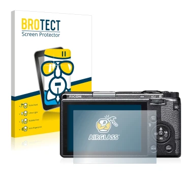 Parte frontale di una confezione del prodotto con il logo del marchio BROTECT. Accanto è raffigurato il dispositivo Ricoh GR I
