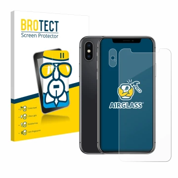 Parte frontale di una confezione del prodotto con il logo del marchio BROTECT. Accanto è raffigurato il dispositivo Apple iPho