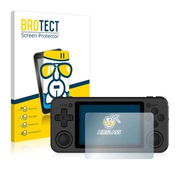 Parte frontale di una confezione del prodotto con il logo del marchio BROTECT. Accanto è raffigurato il dispositivo Anbernic R