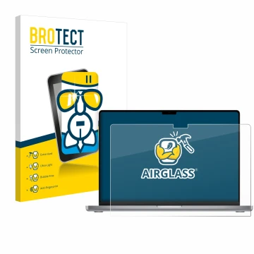 Parte frontale di una confezione del prodotto con il logo del marchio BROTECT. Accanto è raffigurato il dispositivo Apple MacB