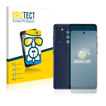 Parte frontale di una confezione del prodotto con il logo del marchio BROTECT. Accanto è raffigurato il dispositivo Motorola M