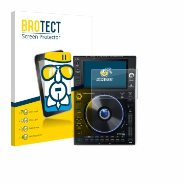 Parte frontale di una confezione del prodotto con il logo del marchio BROTECT. Accanto è raffigurato il dispositivo Denon DJ S