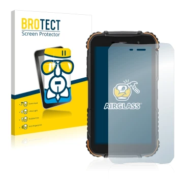 Parte frontale di una confezione del prodotto con il logo del marchio BROTECT. Accanto è raffigurato il dispositivo Doogee S35