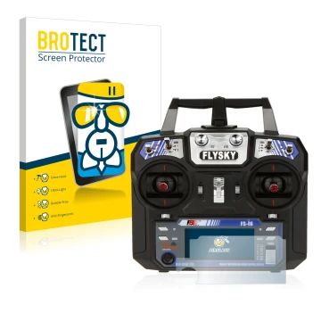 Parte frontale di una confezione del prodotto con il logo del marchio BROTECT. Accanto è raffigurato il dispositivo FlySky FS-