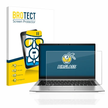 Parte frontale di una confezione del prodotto con il logo del marchio BROTECT. Accanto è raffigurato il dispositivo HP EliteBo