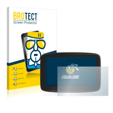 Parte frontale di una confezione del prodotto con il logo del marchio BROTECT. Accanto è raffigurato il dispositivo TomTom GO 