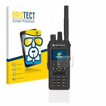 Parte frontale di una confezione del prodotto con il logo del marchio BROTECT. Accanto è raffigurato il dispositivo Motorola M