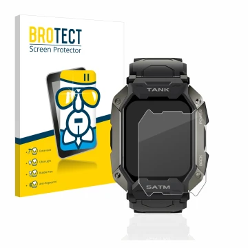 Parte frontale di una confezione del prodotto con il logo del marchio BROTECT. Accanto è raffigurato il dispositivo Kospet Tan