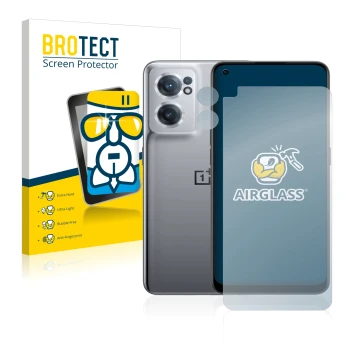 Parte frontale di una confezione del prodotto con il logo del marchio BROTECT. Accanto è raffigurato il dispositivo OnePlus No