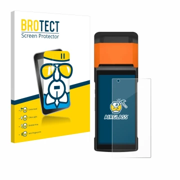 Parte frontale di una confezione del prodotto con il logo del marchio BROTECT. Accanto è raffigurato il dispositivo Sunmi V2s 