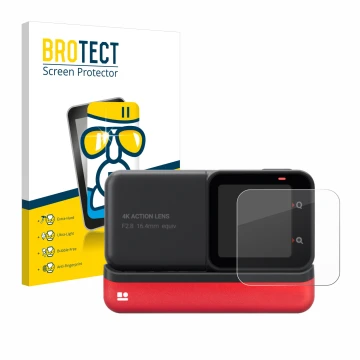 Parte frontale di una confezione del prodotto con il logo del marchio BROTECT. Accanto è raffigurato il dispositivo Insta360 O