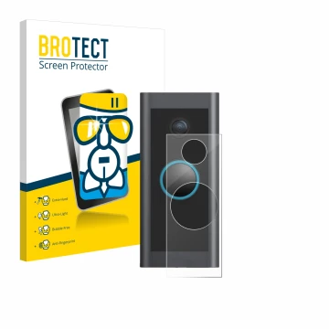 Parte frontale di una confezione del prodotto con il logo del marchio BROTECT. Accanto è raffigurato il dispositivo Ring Video