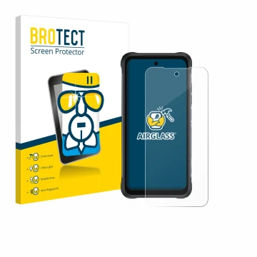 Parte frontale di una confezione del prodotto con il logo del marchio BROTECT. Accanto è raffigurato il dispositivo Umidigi Bi