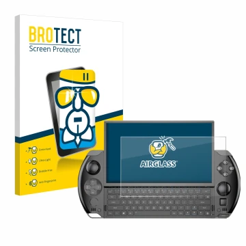 Parte frontale di una confezione del prodotto con il logo del marchio BROTECT. Accanto è raffigurato il dispositivo GPD Win 4 