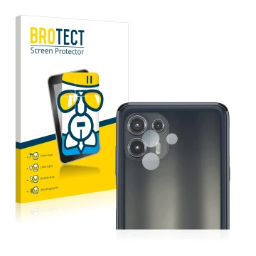 Parte frontale di una confezione del prodotto con il logo del marchio BROTECT. Accanto è raffigurato il dispositivo Motorola E