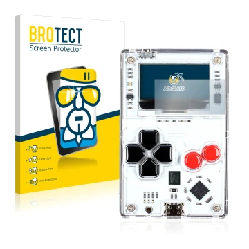 Parte frontale di una confezione del prodotto con il logo del marchio BROTECT. Accanto è raffigurato il dispositivo Arduboy FX