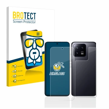 Parte frontale di una confezione del prodotto con il logo del marchio BROTECT. Accanto è raffigurato il dispositivo Xiaomi 13 