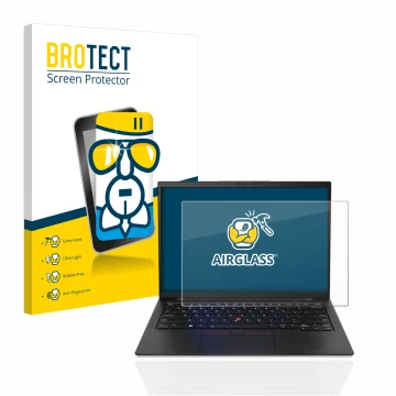 Parte frontale di una confezione del prodotto con il logo del marchio BROTECT. Accanto è raffigurato il dispositivo Lenovo Thi