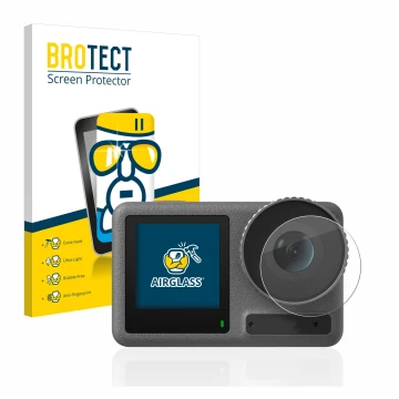 Parte frontale di una confezione del prodotto con il logo del marchio BROTECT. Accanto è raffigurato il dispositivo DJI Osmo A