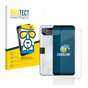 Parte frontale di una confezione del prodotto con il logo del marchio BROTECT. Accanto è raffigurato il dispositivo ASUS ROG P