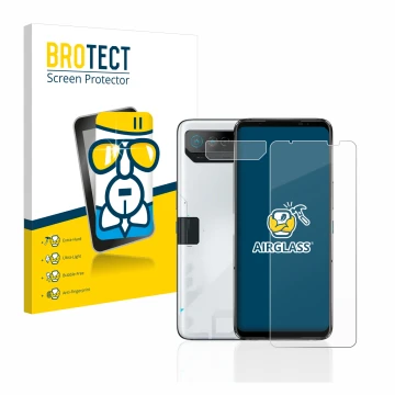 Parte frontale di una confezione del prodotto con il logo del marchio BROTECT. Accanto è raffigurato il dispositivo ASUS ROG P