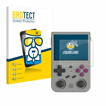 Parte frontale di una confezione del prodotto con il logo del marchio BROTECT. Accanto è raffigurato il dispositivo Anbernic R