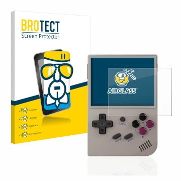 Parte frontale di una confezione del prodotto con il logo del marchio BROTECT. Accanto è raffigurato il dispositivo Anbernic R