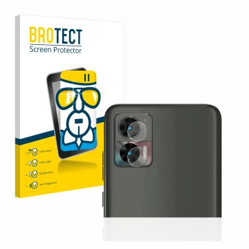Parte frontale di una confezione del prodotto con il logo del marchio BROTECT. Accanto è raffigurato il dispositivo Motorola E
